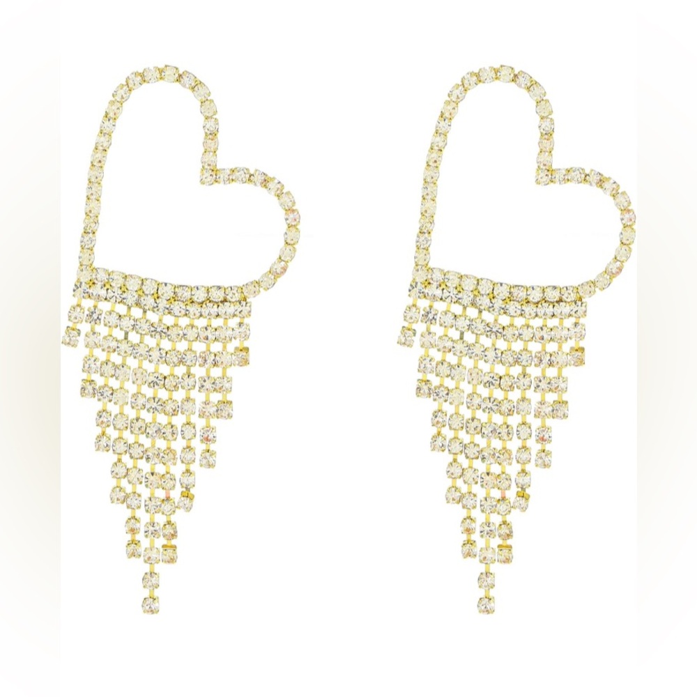 Gold Heart Dangle Rhinestone Earrings